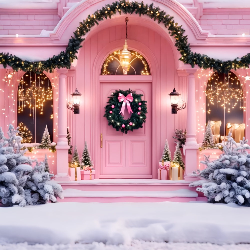 Pink Christmas Backdrop Holiday Door Entrance Christmas Photography Backdrops UK LXX59-198