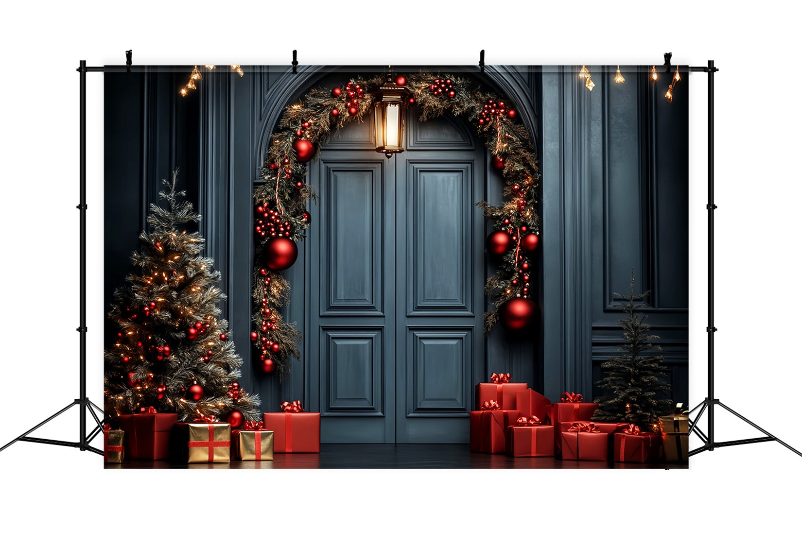 Red Christmas Backdrop Elegant Door Garland Professional Christmas Backdrops UK LXX59-201