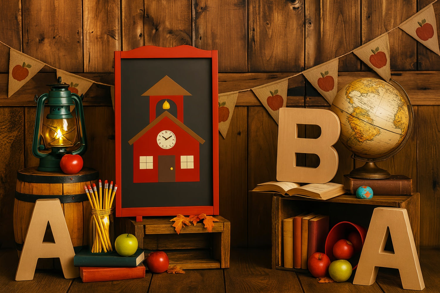 Back To School Backdrop Rustic Classroom Globe Apples School Picture Backdrop UK LXX59-207