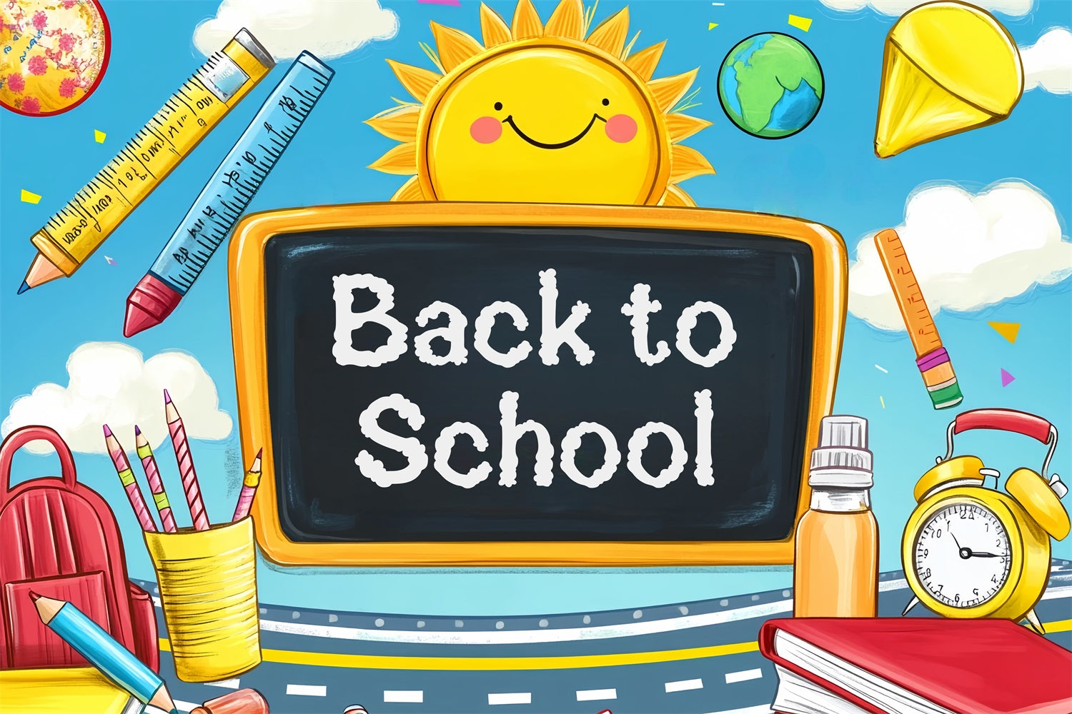 Back To School Backdrop Cartoon Blackboard Sun Supplies Preschool Photo Backdrops UK LXX59-208