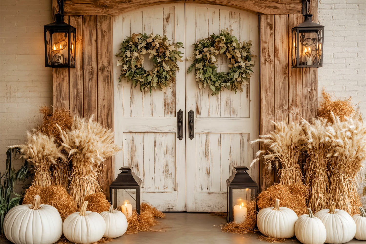 Barn Door Backdrop Rustic White Pumpkins Lanterns Fall Backdrop UK LXX59-259