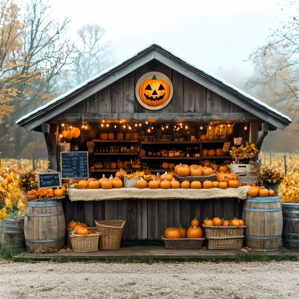 Fall Backdrop Pumpkin Market Wooden Cabin Fall Photo Backdrop UK LXX59-260