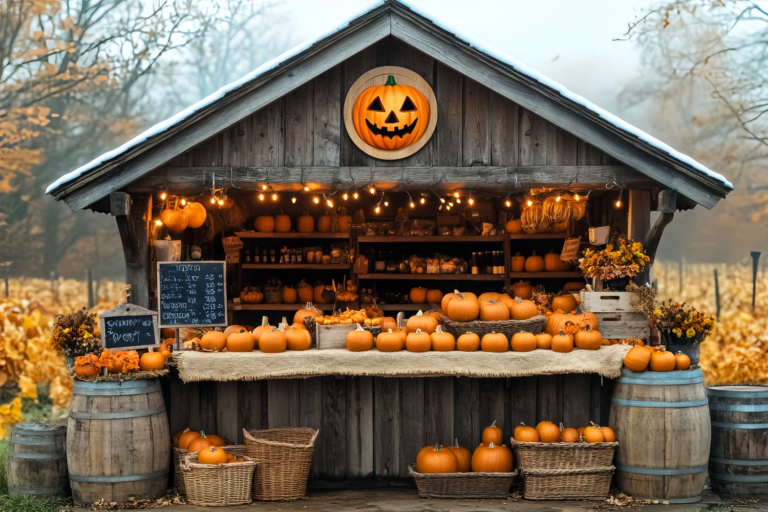 Fall Backdrop Pumpkin Market Wooden Cabin Fall Photo Backdrop UK LXX59-260