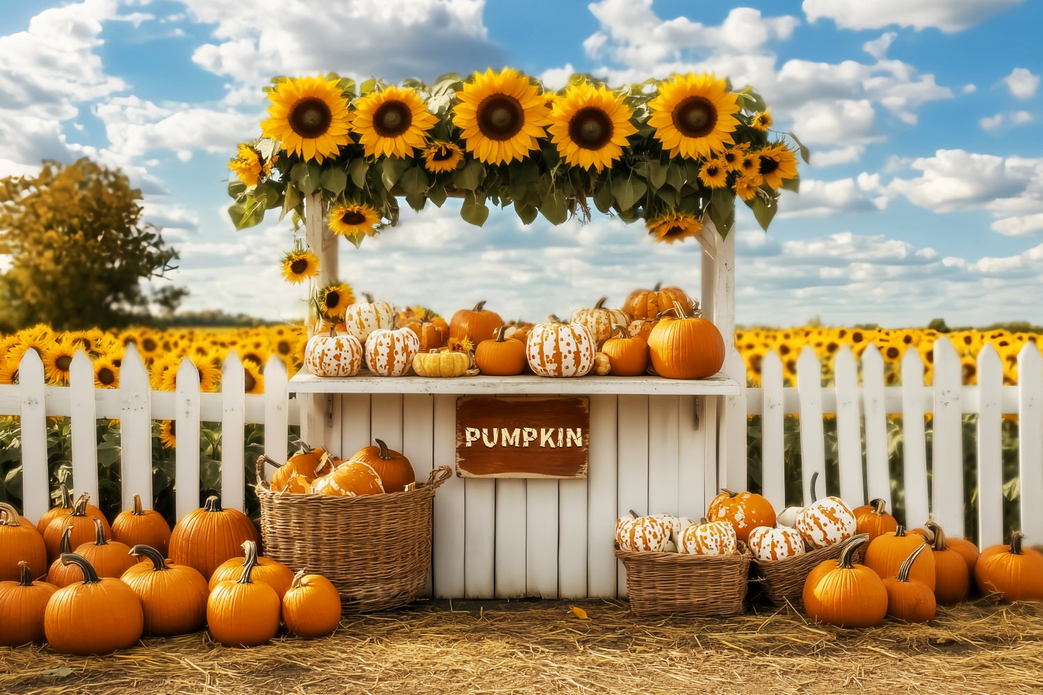 Fall Backdrop Pumpkin Sunflower Market Stand Fall Photo Backdrops UK LXX59-266