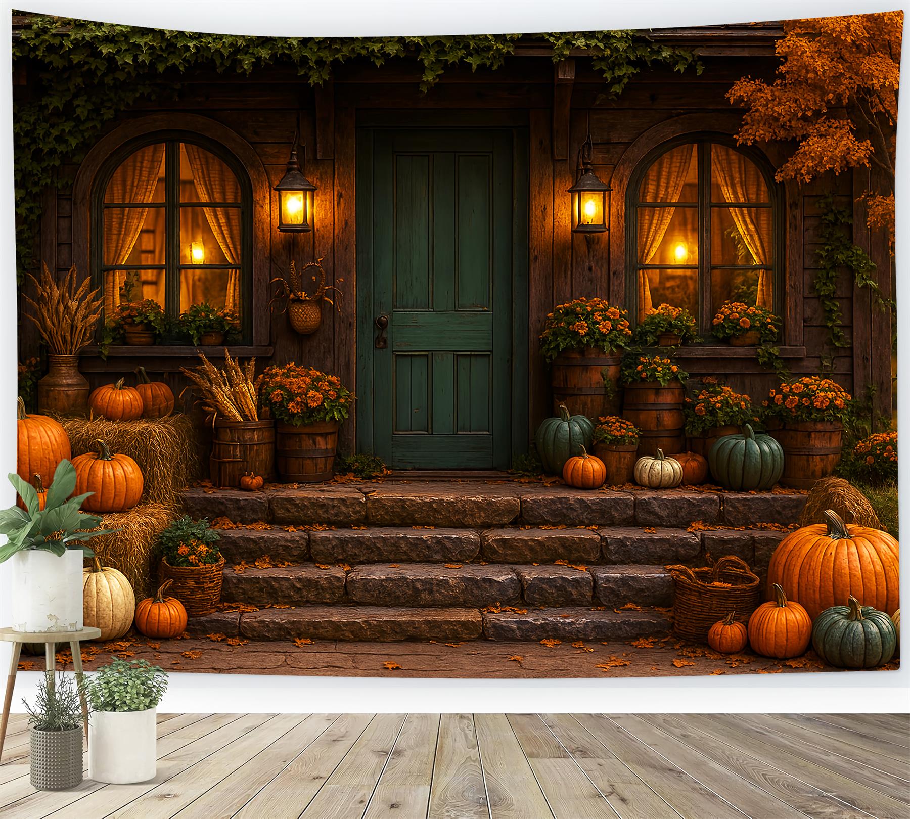 Rustic Backdrop Cozy Autumn Porch Pumpkins Fall Photography Backdrops UK LXX59-279
