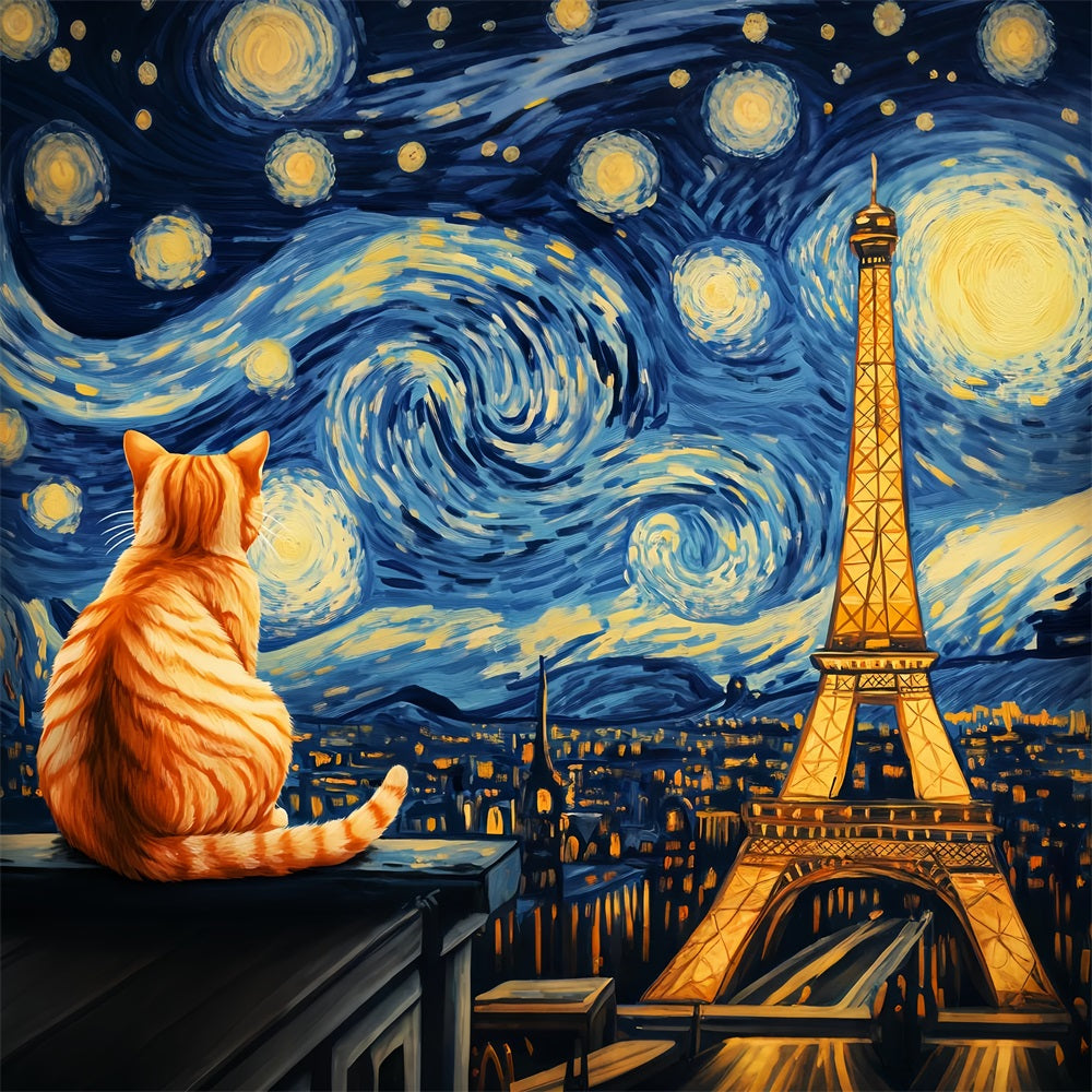 Paris Backdrop Starry Night Cat View Eiffel Tower Paris Backdrop UK LXX59-61