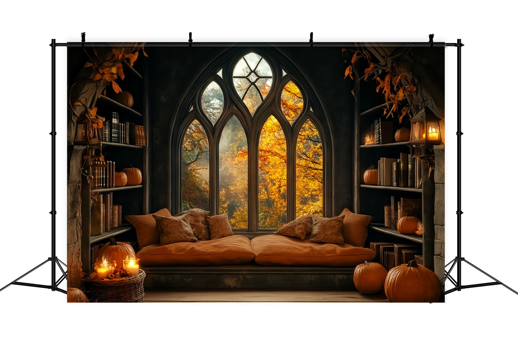 Halloween Backdrop Cozy Pumpkin Window Library Halloween Photo Backdrop UK LXX59-80