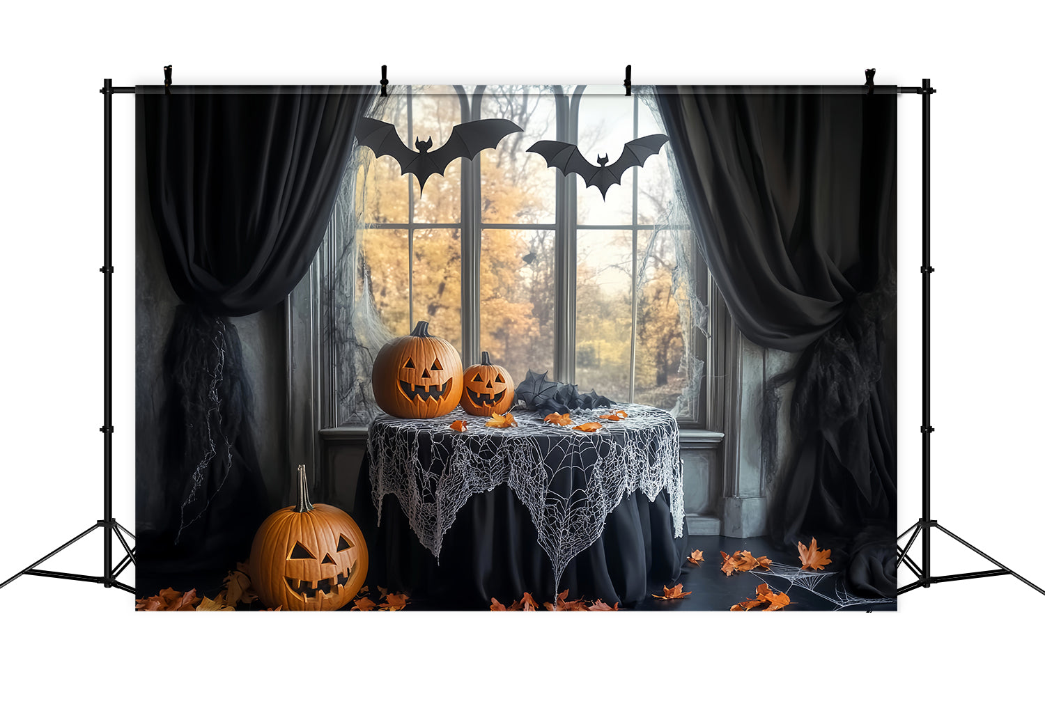 Bat Backdrop Spiderweb Table Pumpkin Bats Halloween Photo Booth Backdrop UK LXX59-83
