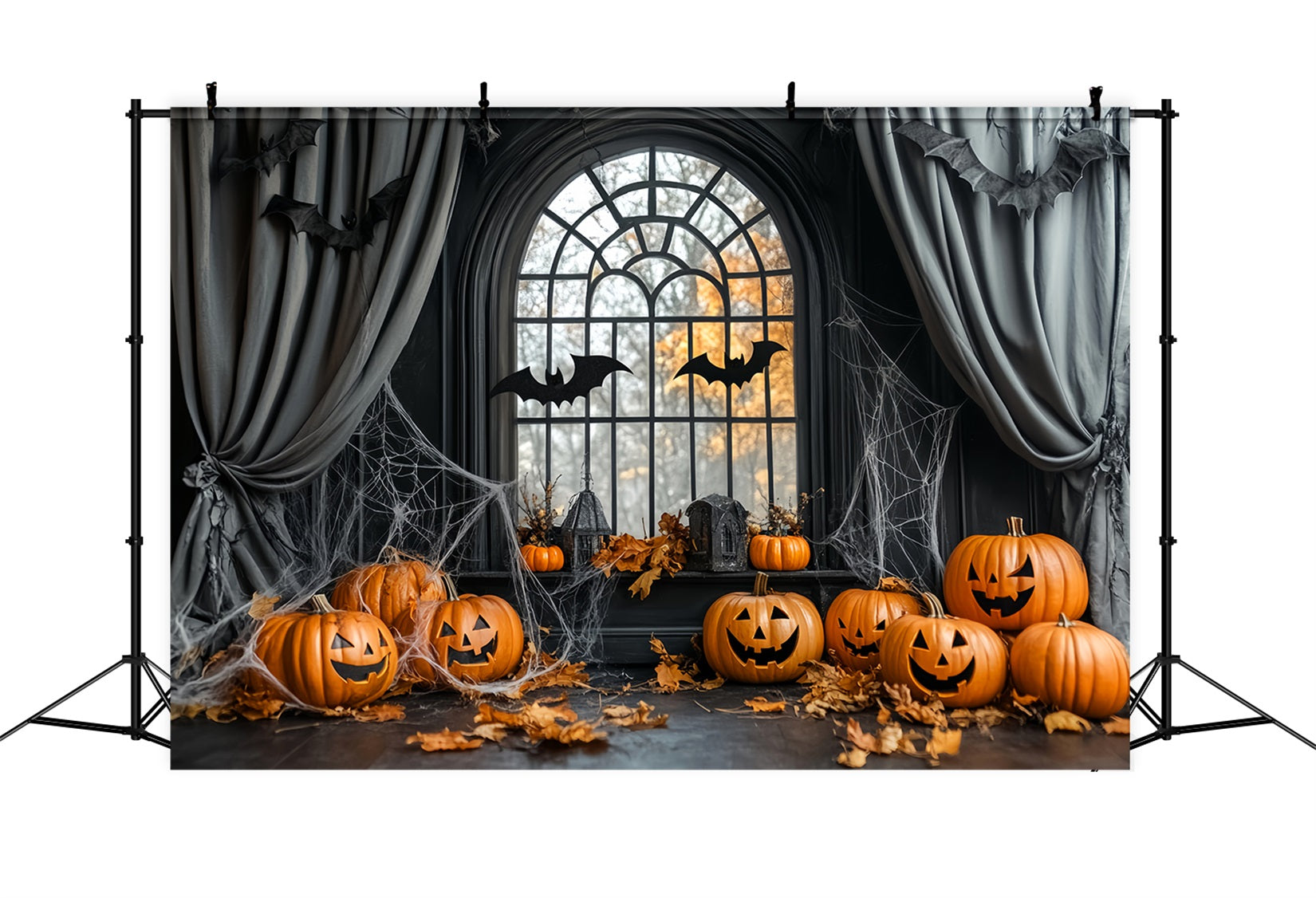 Halloween Spider Backdrop Pumpkin Bats Cobweb Window Halloween Backdrops UK LXX59-84