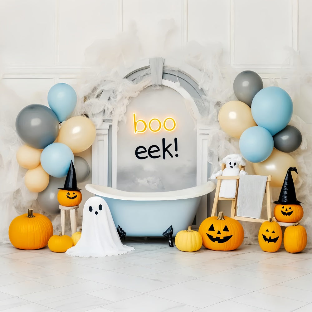 Ghost Backdrop Pumpkins Ghost Balloons Bathtub Cute Halloween Backdrop UK LXX59-86