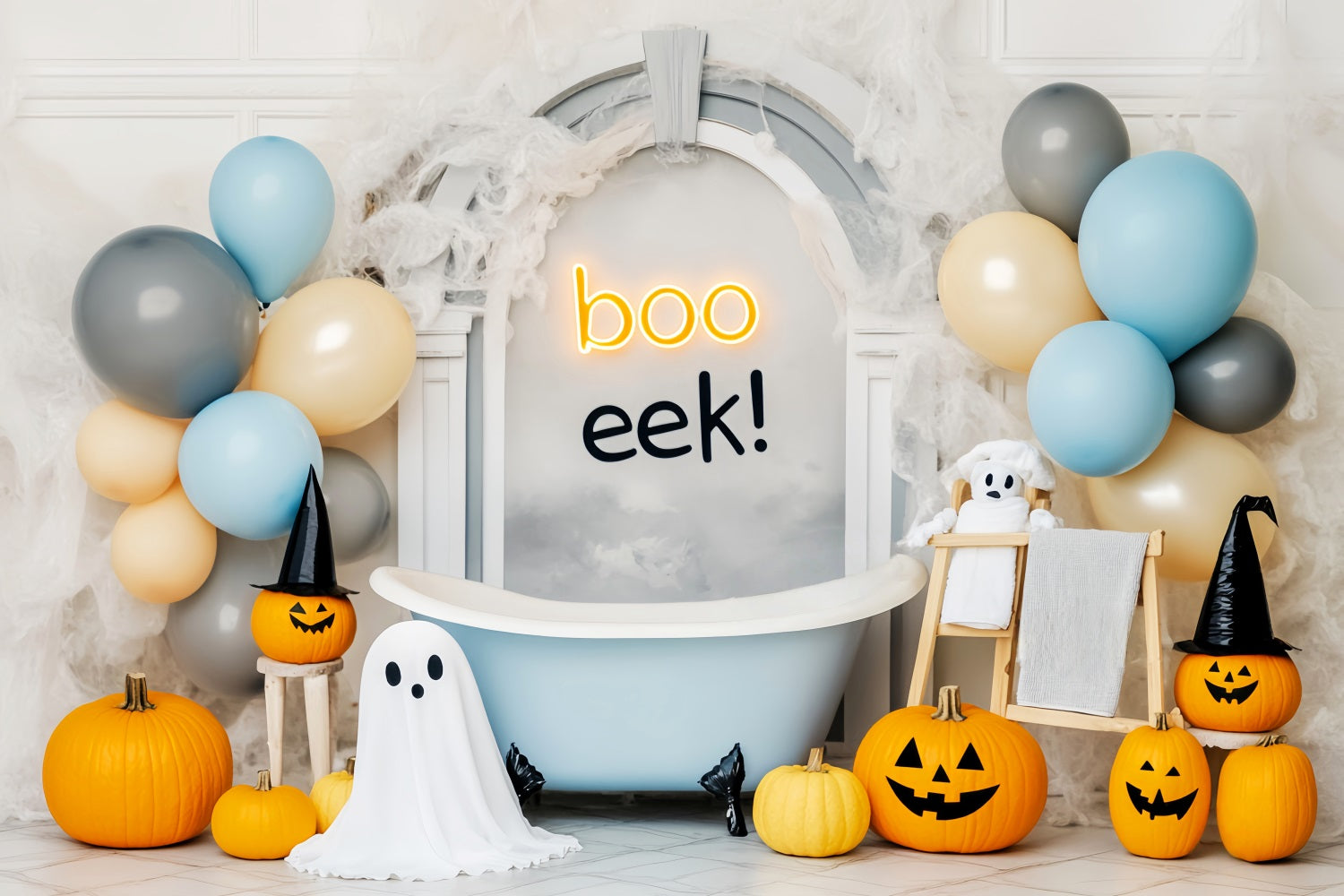 Ghost Backdrop Pumpkins Ghost Balloons Bathtub Cute Halloween Backdrop UK LXX59-86