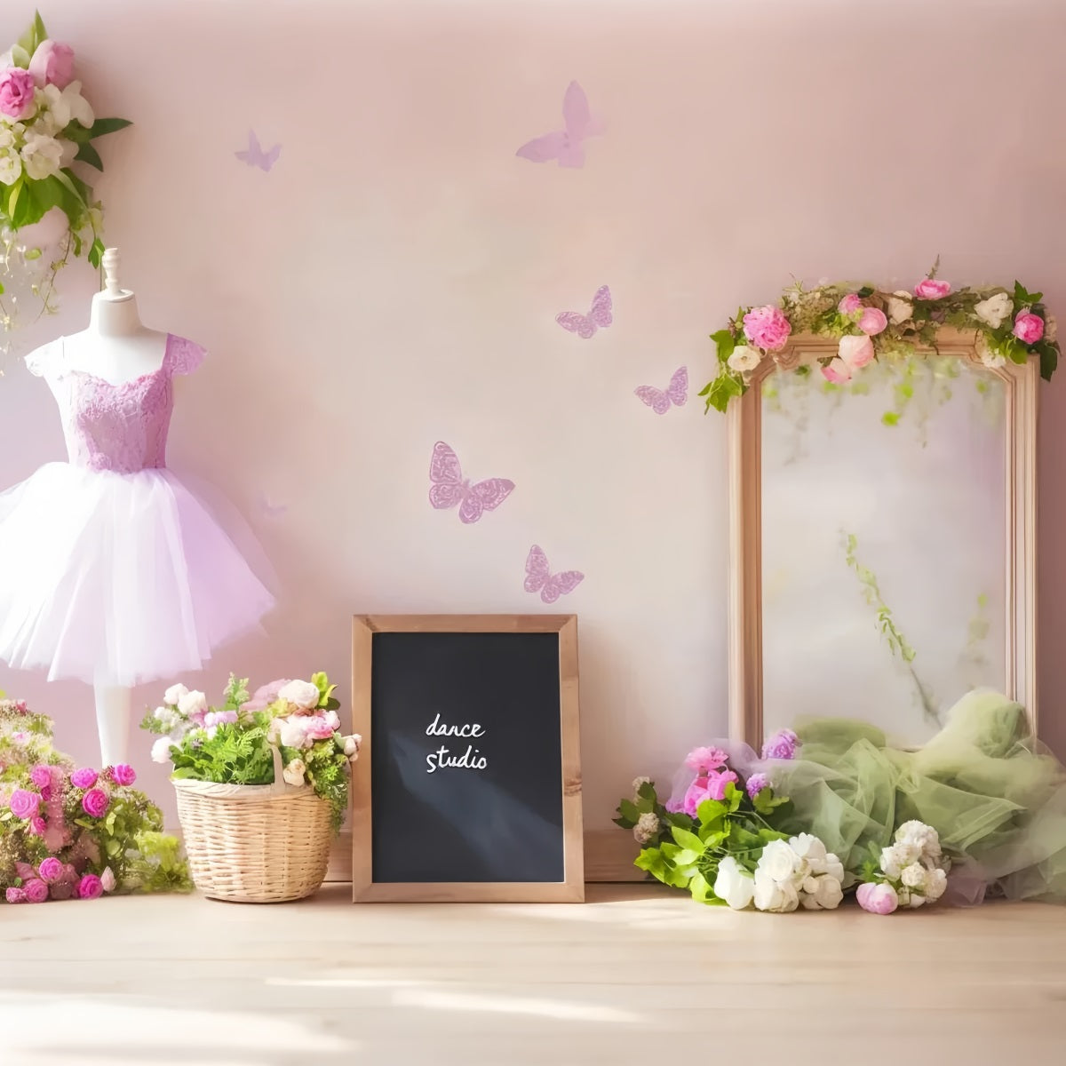 Dance Studio Backdrop Lilac Tutu Mirror Butterflies School Dance Backdrop UK LXX59-9