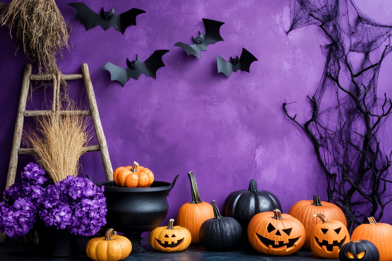 Color Backdrop Purple Wall Pumpkin Cauldron Halloween Photography Backdrops UK LXX59-91
