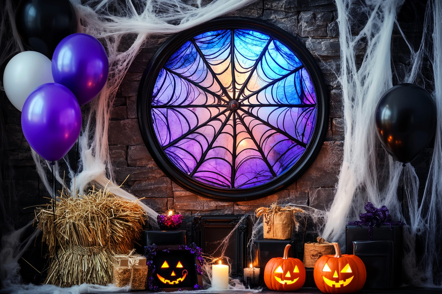 Bat Backdrop Spiderweb Stained Glass Window Halloween Photo Booth Backdrop UK LXX59-92