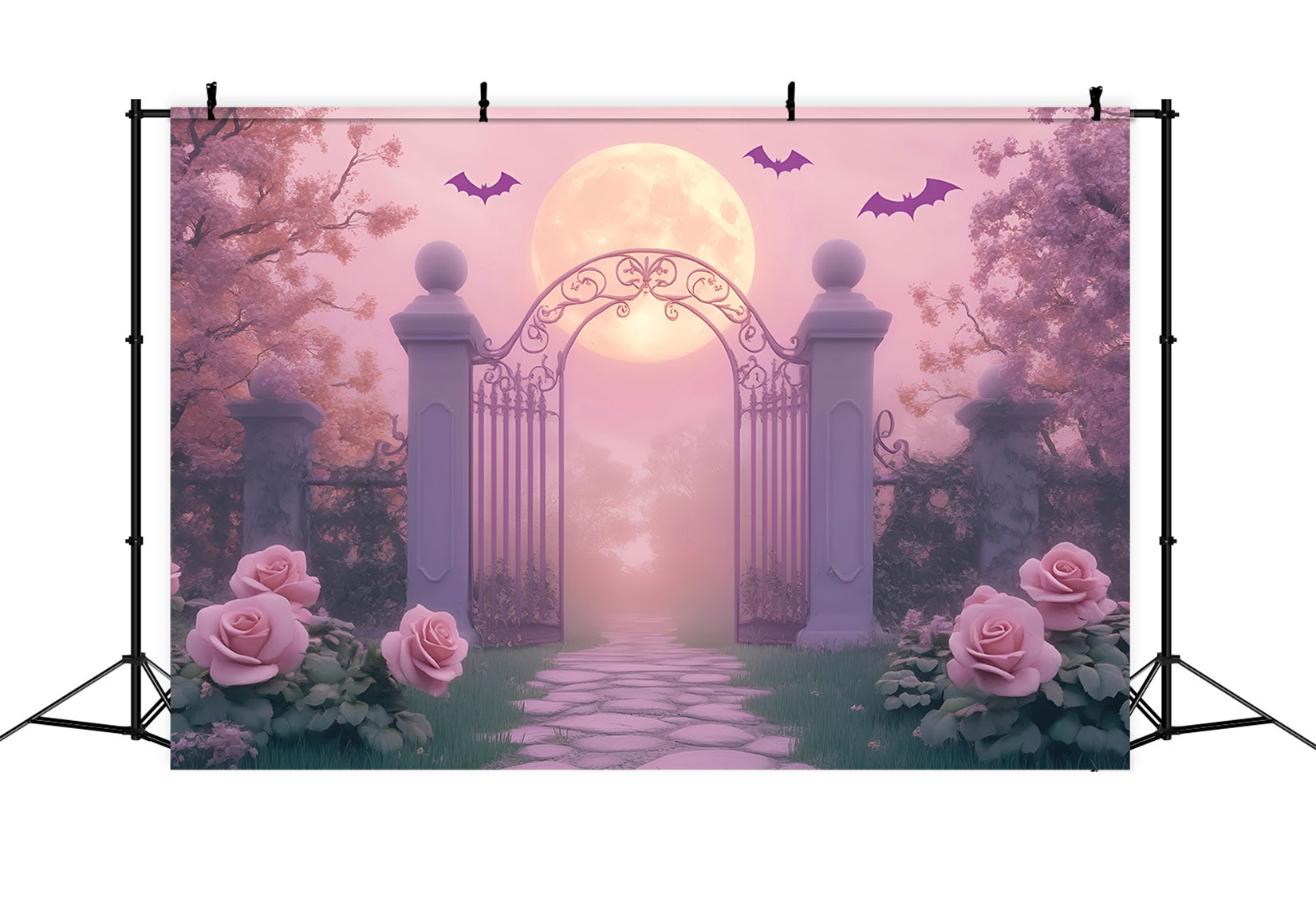 Spider Backdrop Moonlit Garden Gate Roses Halloween Photography Backdrop UK LXX59-93