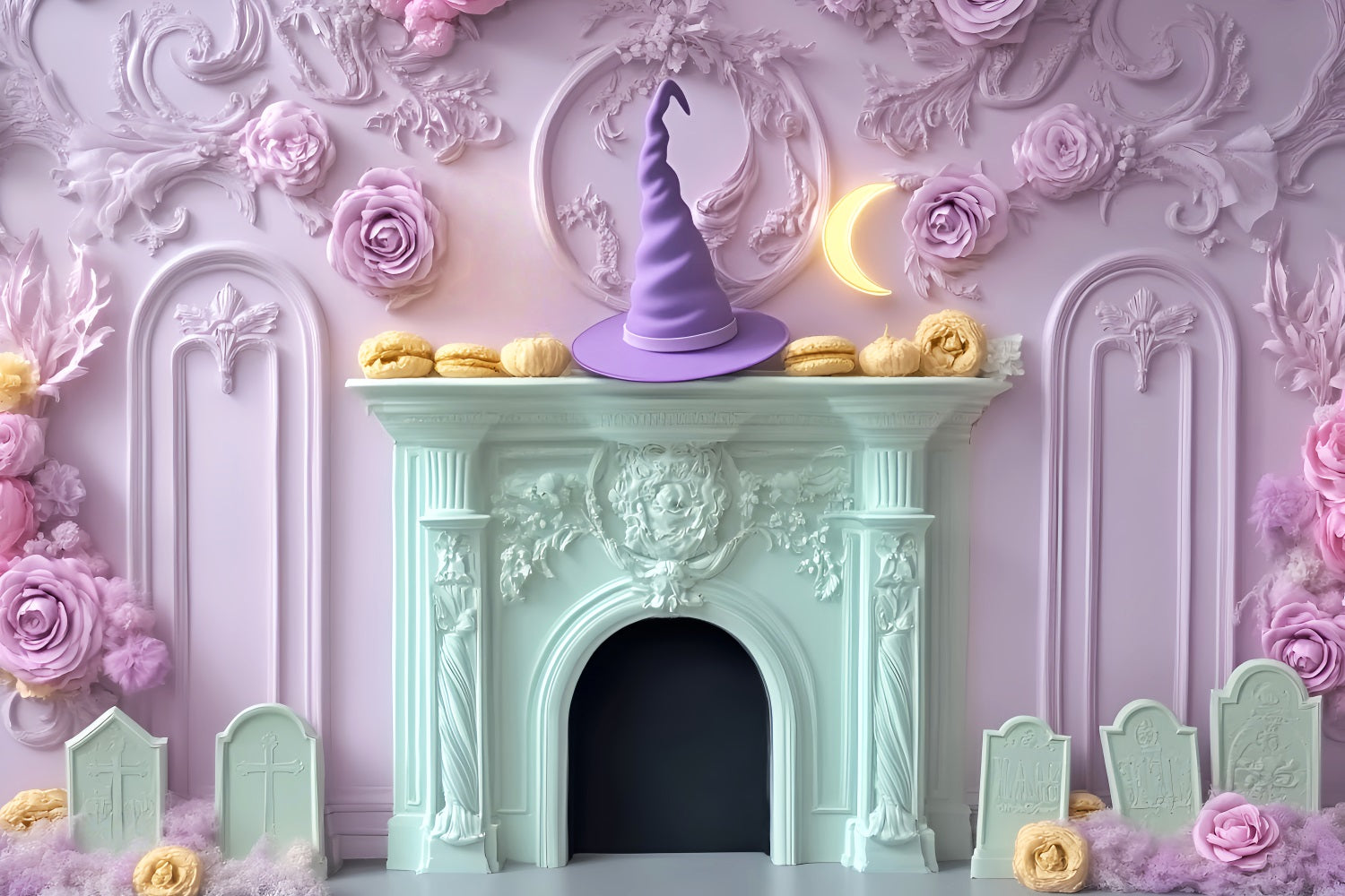 Halloween Bat Backdrop Pastel Witch Hat Fireplace Halloween Backdrops UK LXX59-95