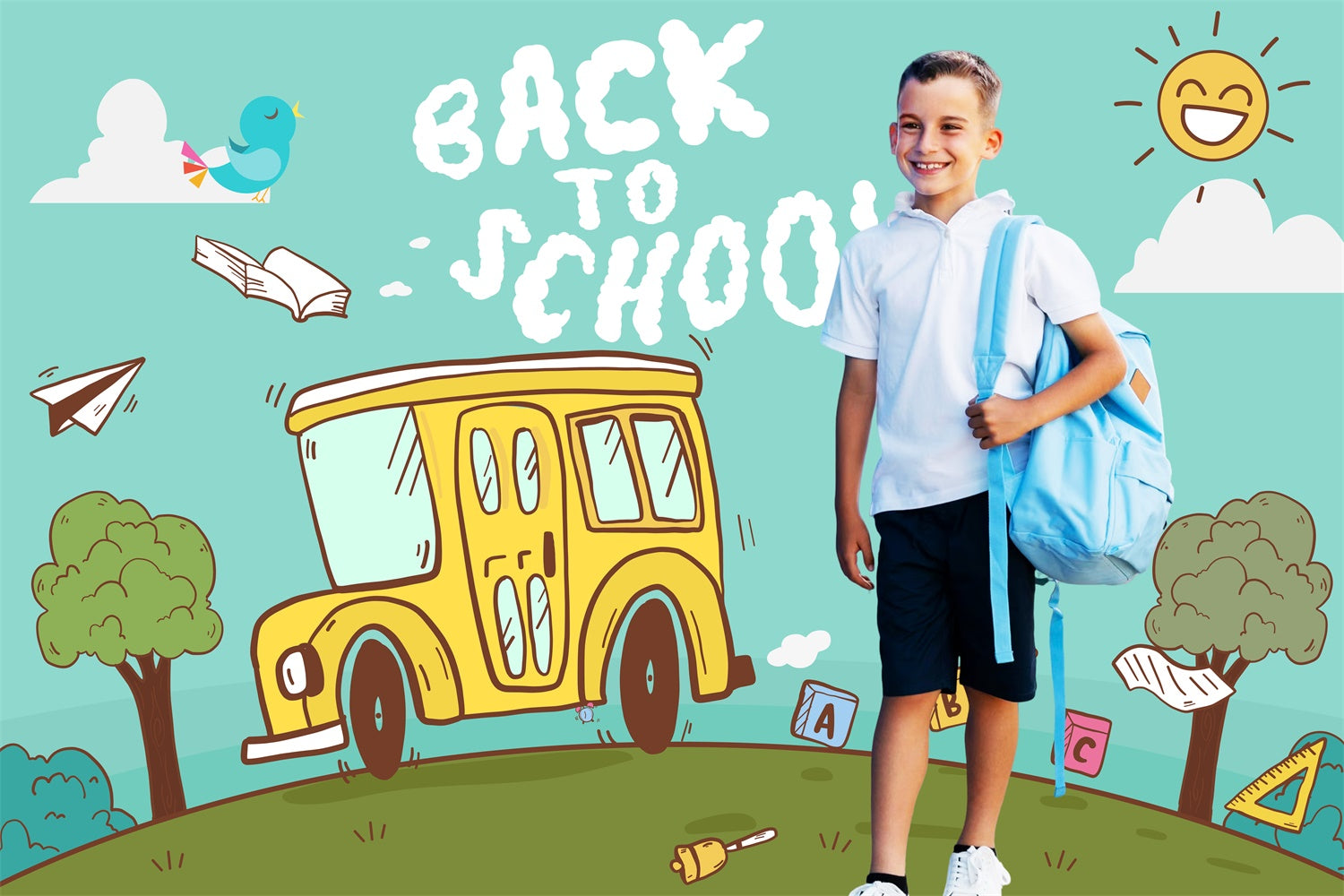 Back To School Backdrops Happy Bus Ride Personalized Backdrop UK LXX6-37