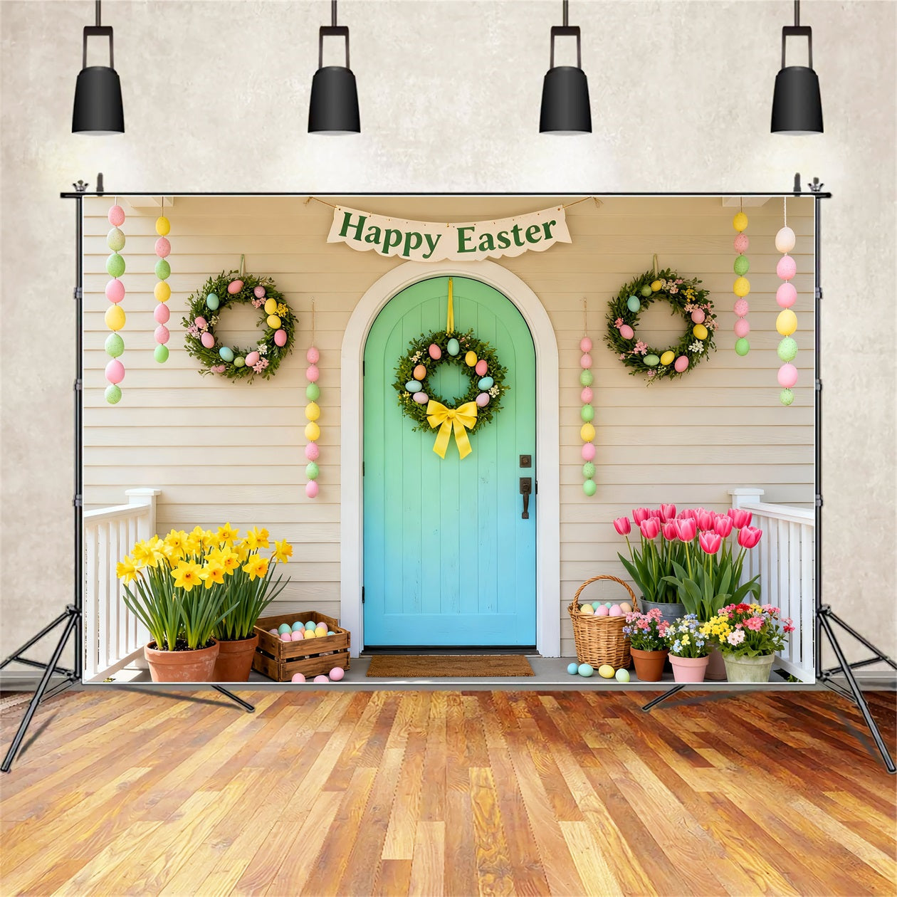 Happy Easter Backdrop Mint Door Pastel Wreath Porch Easter Picture Backdrops UK LXX61-103