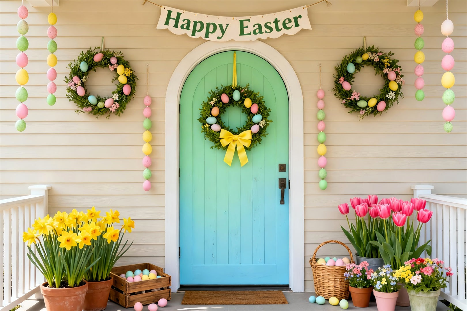 Happy Easter Backdrop Mint Door Pastel Wreath Porch Easter Picture Backdrops UK LXX61-103