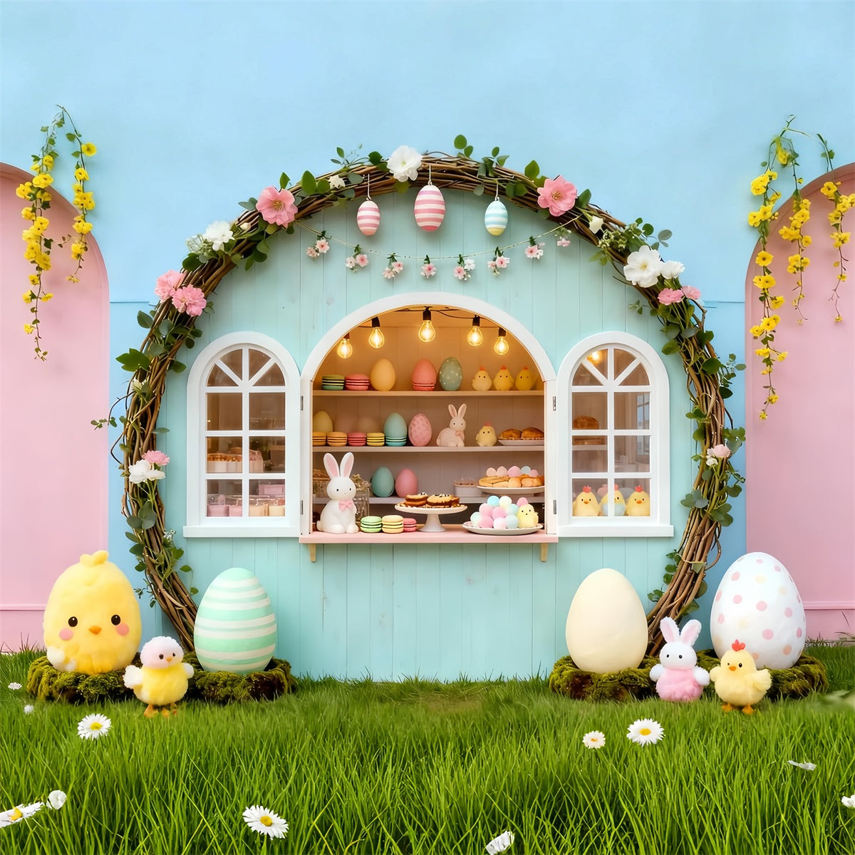 Marshmallow Chick Backdrop Pastel Arch Bunny Bakery Stand Easter Photo Backdrop Ideas UK LXX61-105