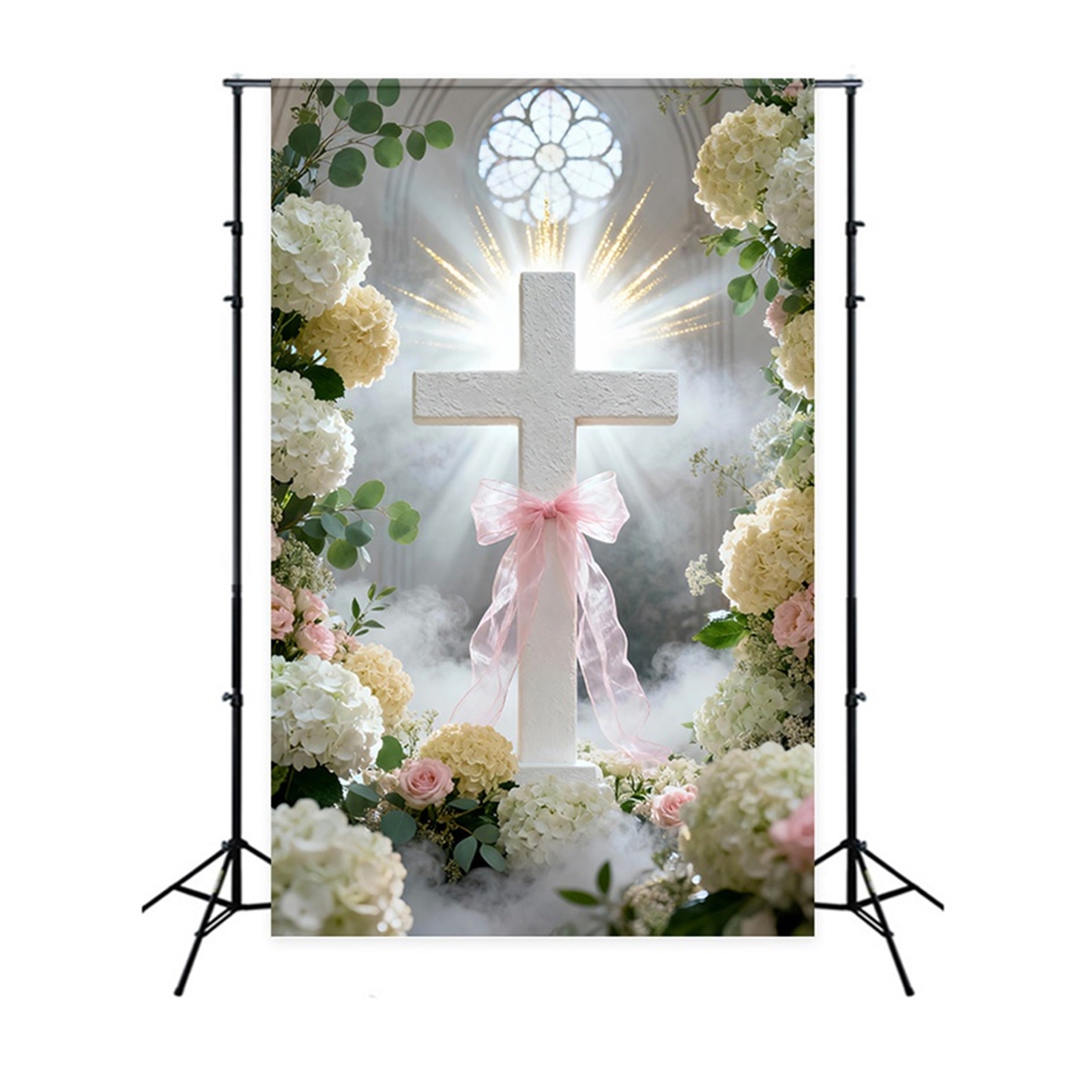Cross And Lilies Backdrop Church Window Pink Ribbon Flowers Happy Easter Backdrop UK LXX61-108