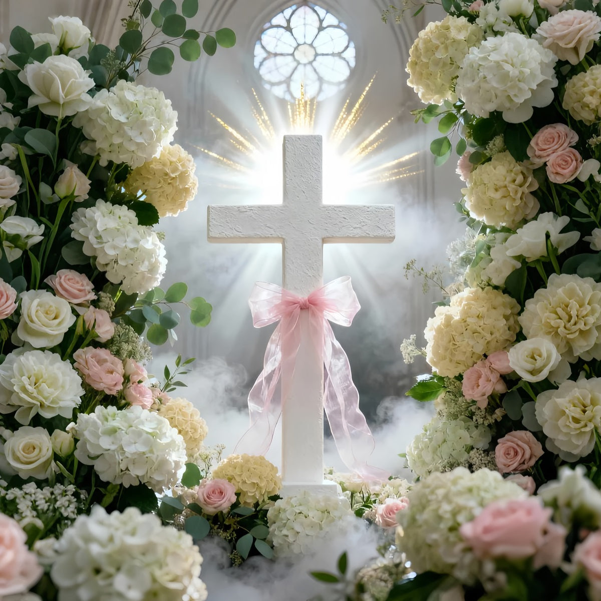 Cross And Lilies Backdrop Church Window Pink Ribbon Flowers Happy Easter Backdrop UK LXX61-108