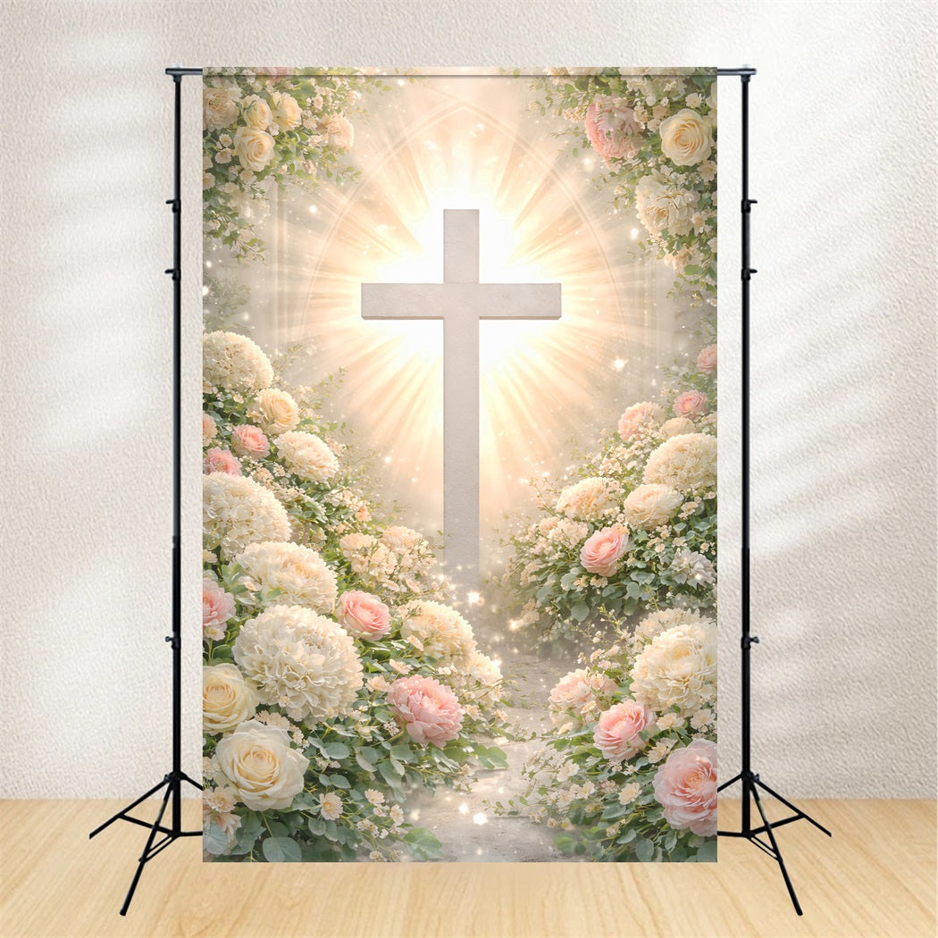 Cross And Lilies Backdrop Floral Arch Religious Sun Rays Happy Easter Backdrop UK LXX61-109