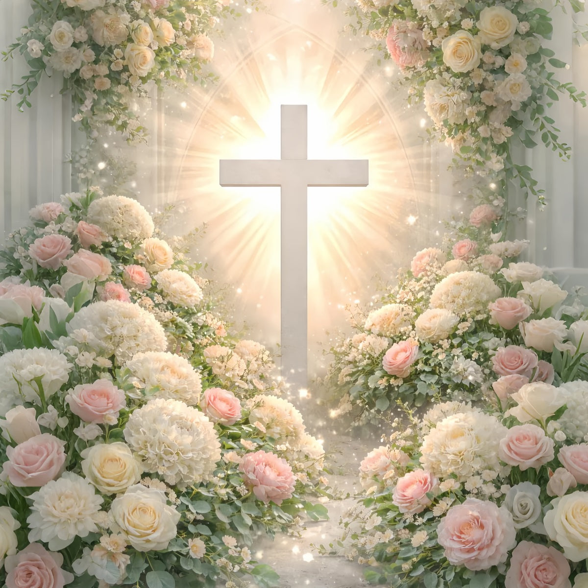Cross And Lilies Backdrop Floral Arch Religious Sun Rays Happy Easter Backdrop UK LXX61-109