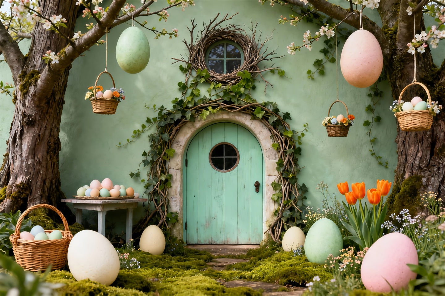 Bunny Burrow Backdrop Green Door Hanging Eggs Basket Easter Backdrops For Pictures UK LXX61-110