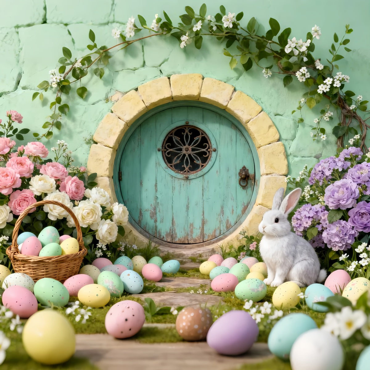 Bunny Burrow Backdrop Round Door Eggs Wildflower Easter Backdrops For Pictures UK LXX61-111