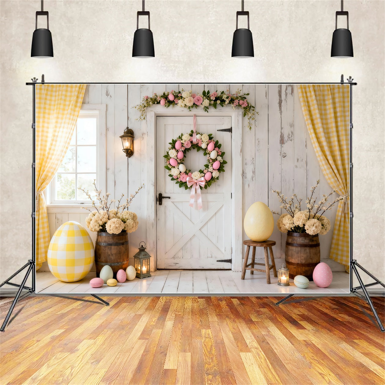 Easter Egg Backdrop White Door Wreath Yellow Curtain Easter Photoshoot Backdrop UK LXX61-112