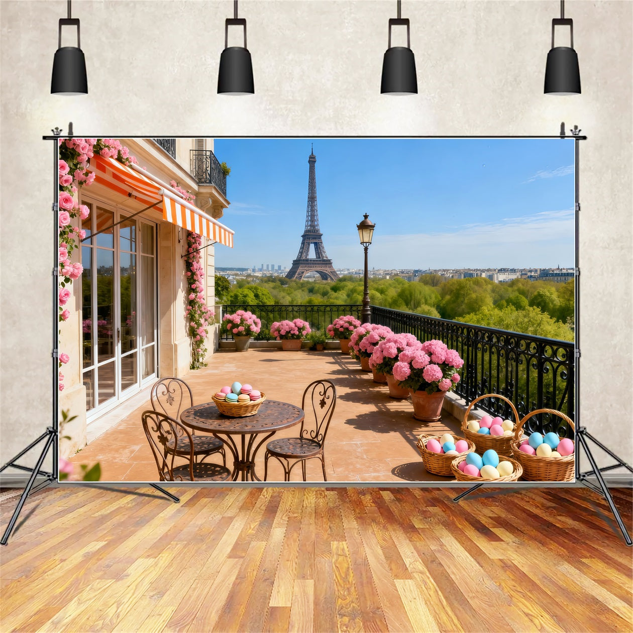 Easter Basket Backdrop Paris Balcony Eiffel Tower Easter Backdrop For Photos UK LXX61-113
