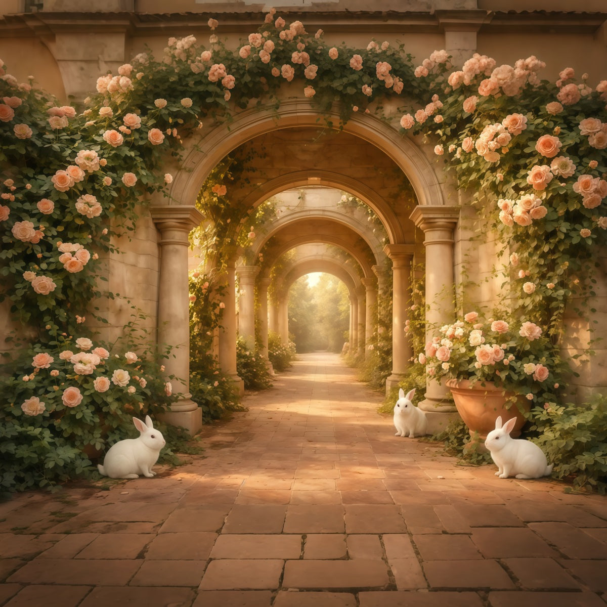Easter Rabbit Backdrop Rose Arch Bunny Stone Path Backdrops For Easter UK LXX61-117