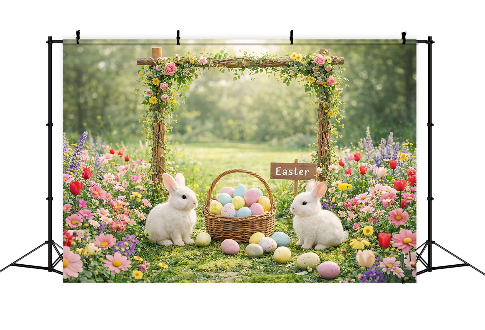 Easter Rabbit Backdrop Garden Floral Arch Bunny Eggs Backdrops For Easter UK LXX61-118