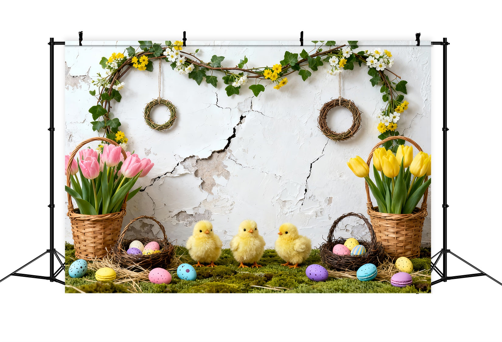 Easter Baby Chick Backdrop Tulip Eggs Baskets Wreath Easter Picture Backdrop UK LXX61-119
