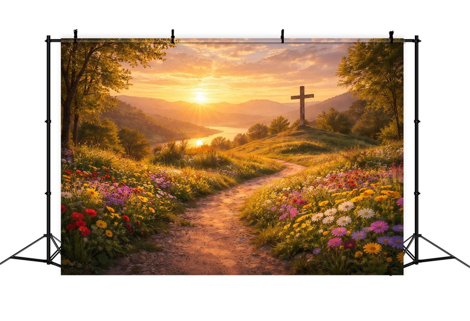 Religious Easter Backdrops He Is Risen Sunset Cross Easter Backdrop UK LXX61-124