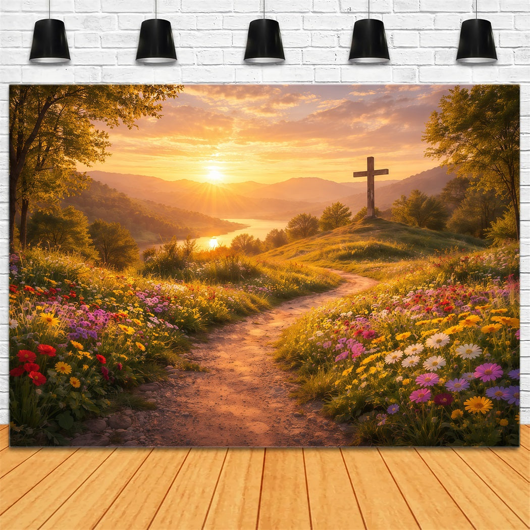 Religious Easter Backdrops He Is Risen Sunset Cross Easter Backdrop UK LXX61-124