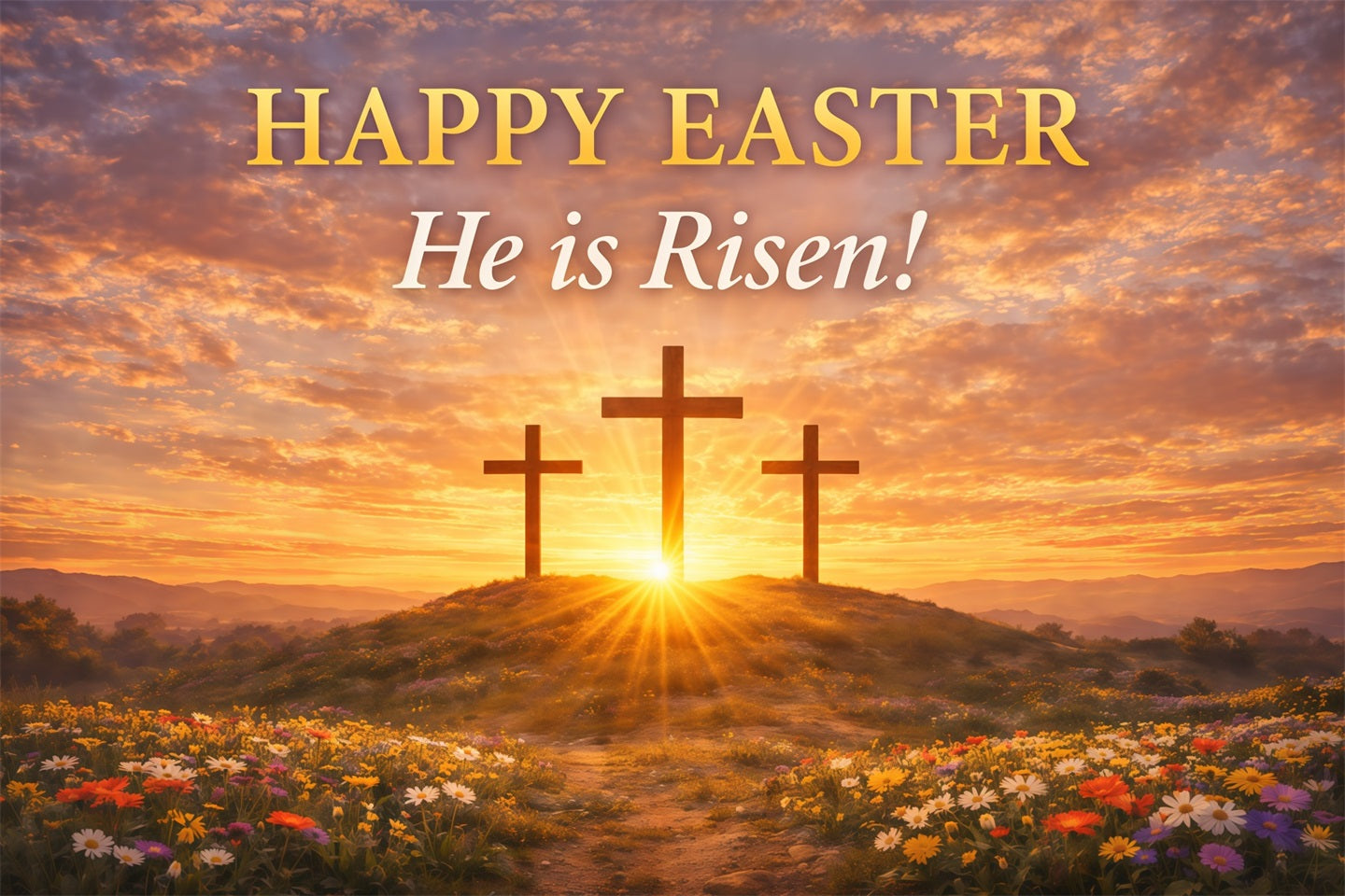 He Is Risen Backdrop Cross Sunrise Flowers Field Easter Backdrops UK LXX61-126