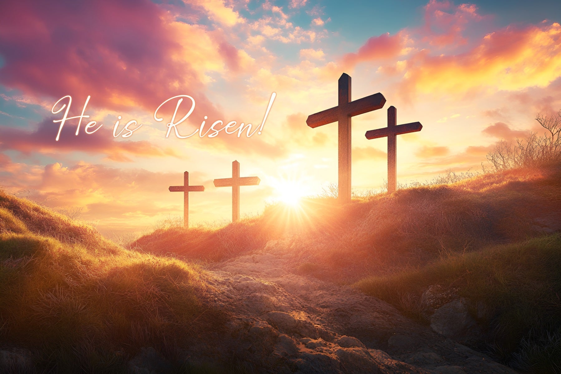 He Is Risen Backdrop Easter Cross Sunset Glow Easter Backdrop Ideas UK LXX61-127
