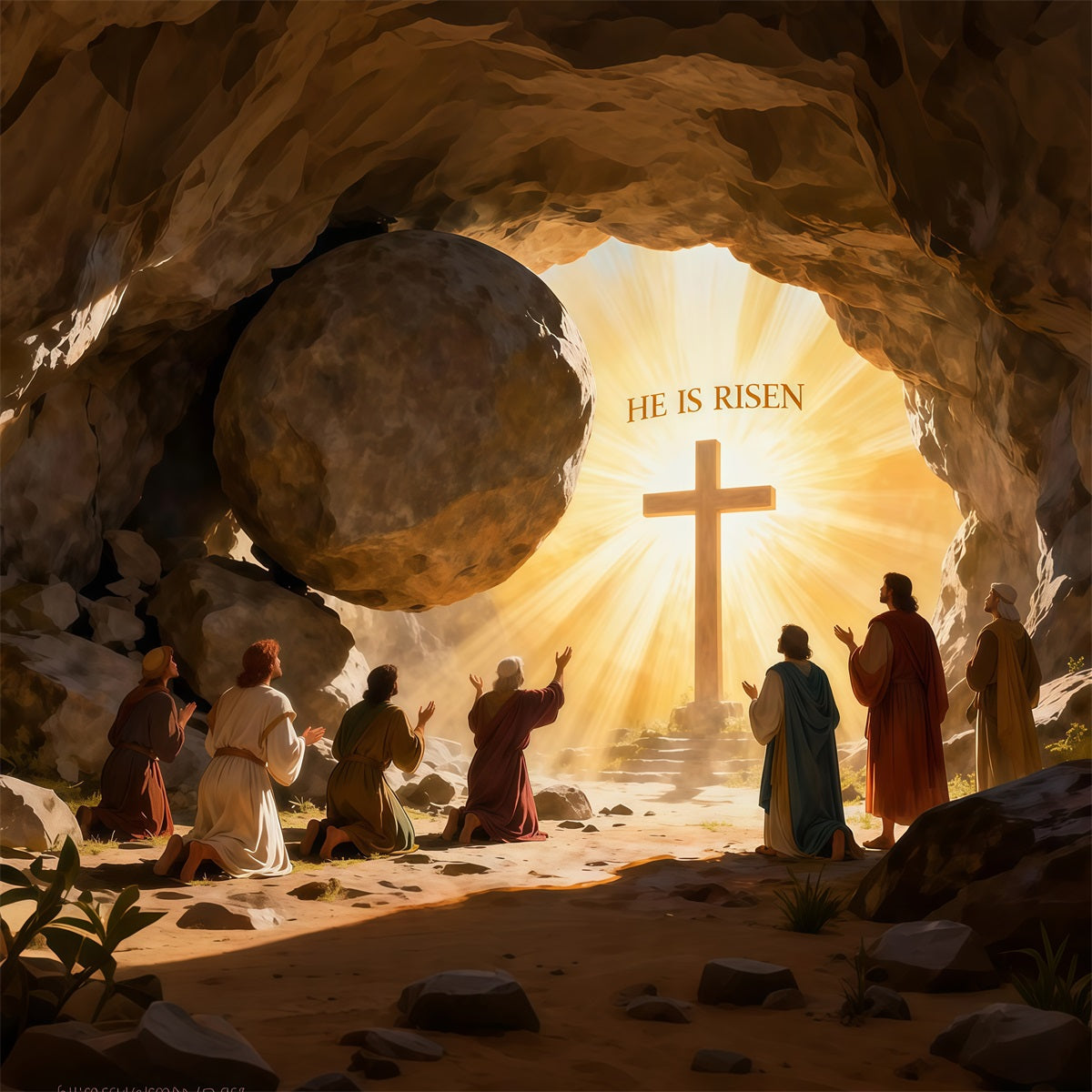 He Is Risen Backdrop Cross Christ Tomb Holy Light Easter Photo Backdrops UK LXX61-128