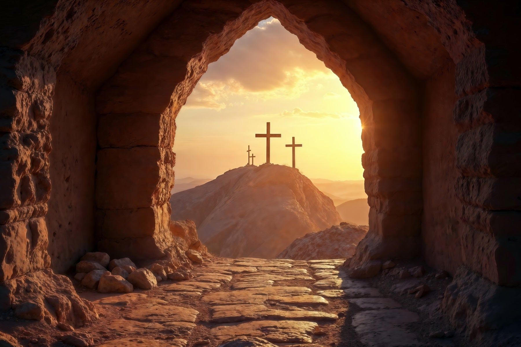 Religious Easter Backdrop Sunset Cross He Is Risen Easter Backdrop For Pictures UK LXX61-134