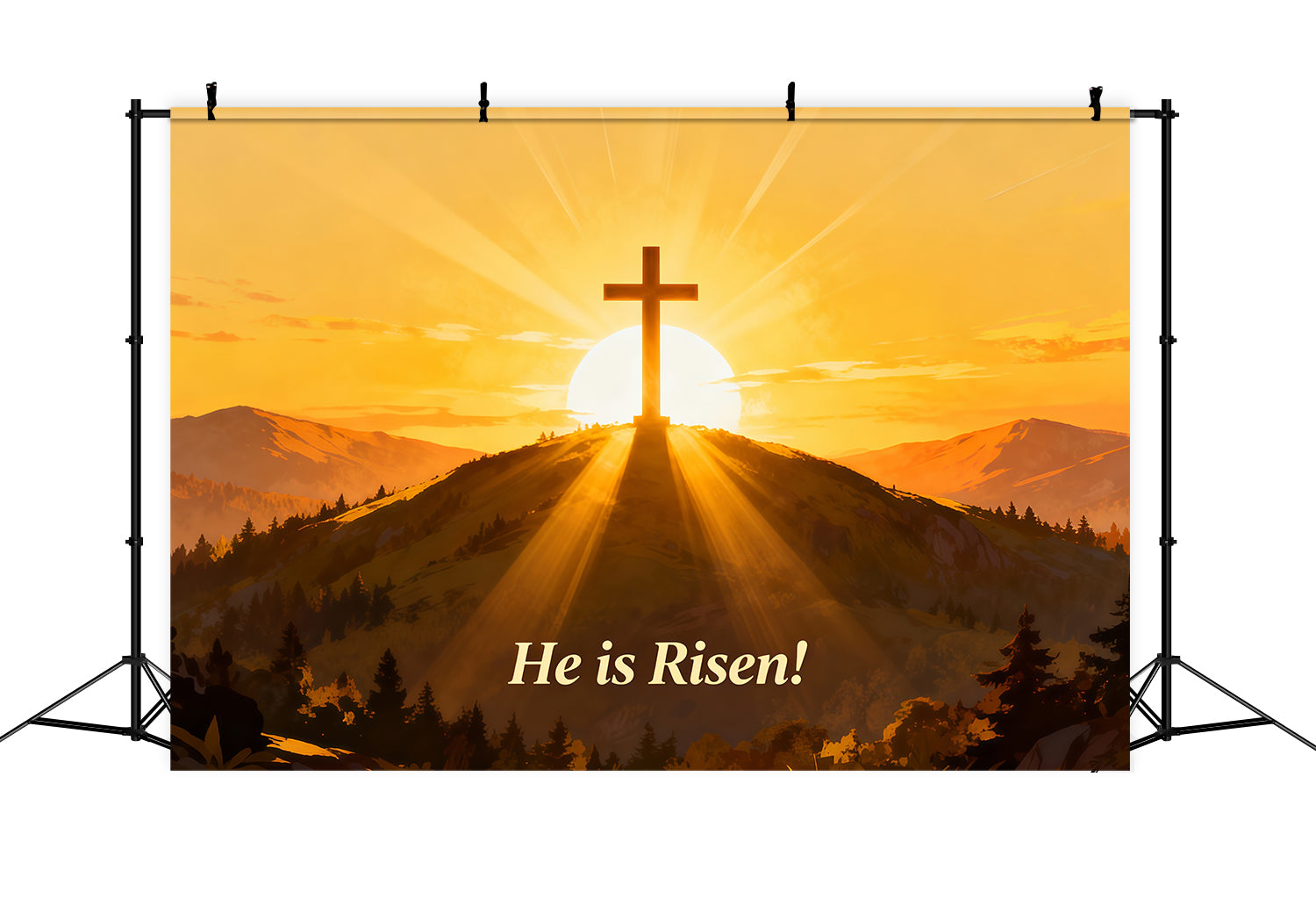 He Is Risen Backdrop Cross Hill Sunrise Glow Easter Picture Backdrop Ideas UK LXX61-140