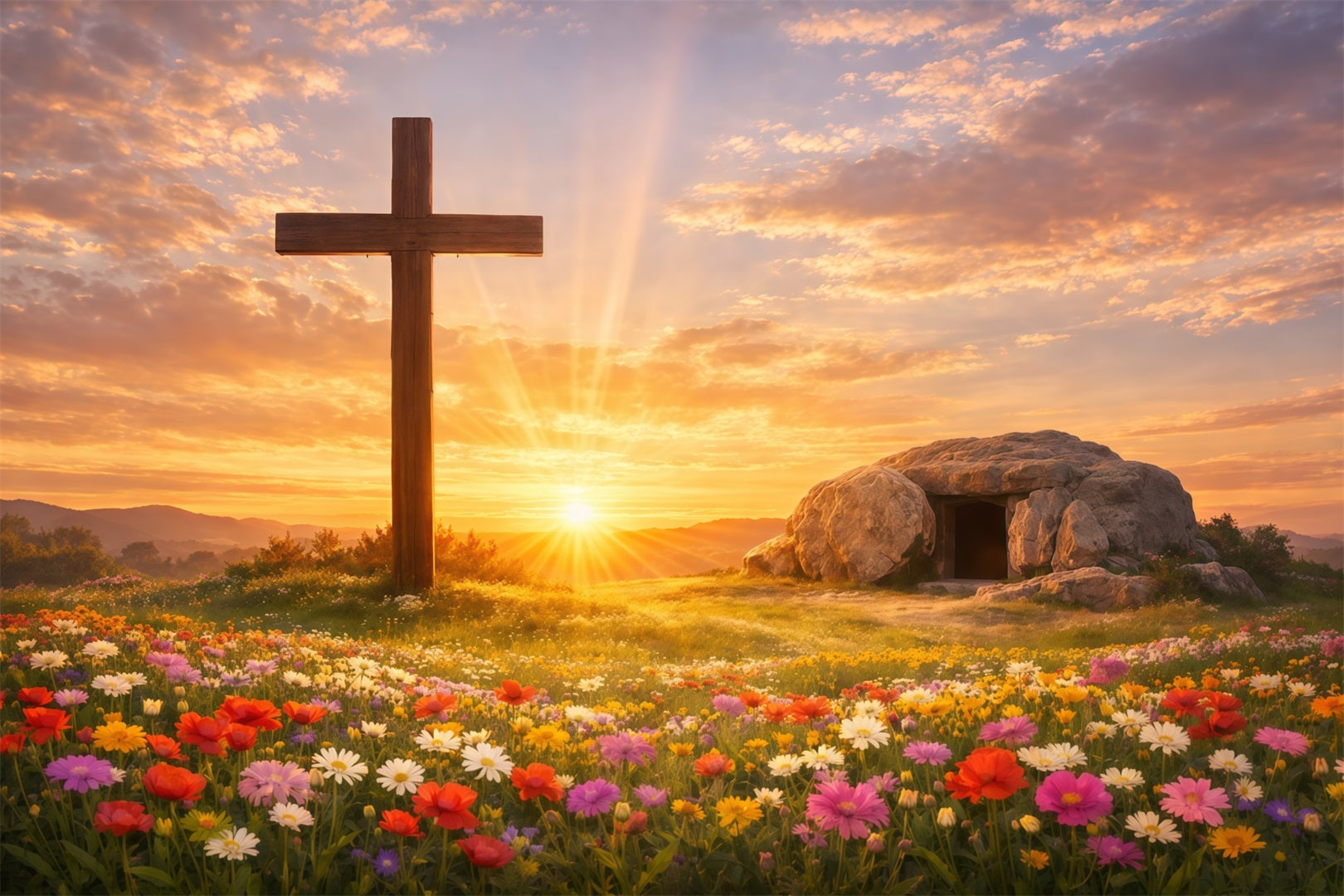 He Is Risen Backdrop Cross Tomb Flower Field Easter Photography Backdrops UK LXX61-141