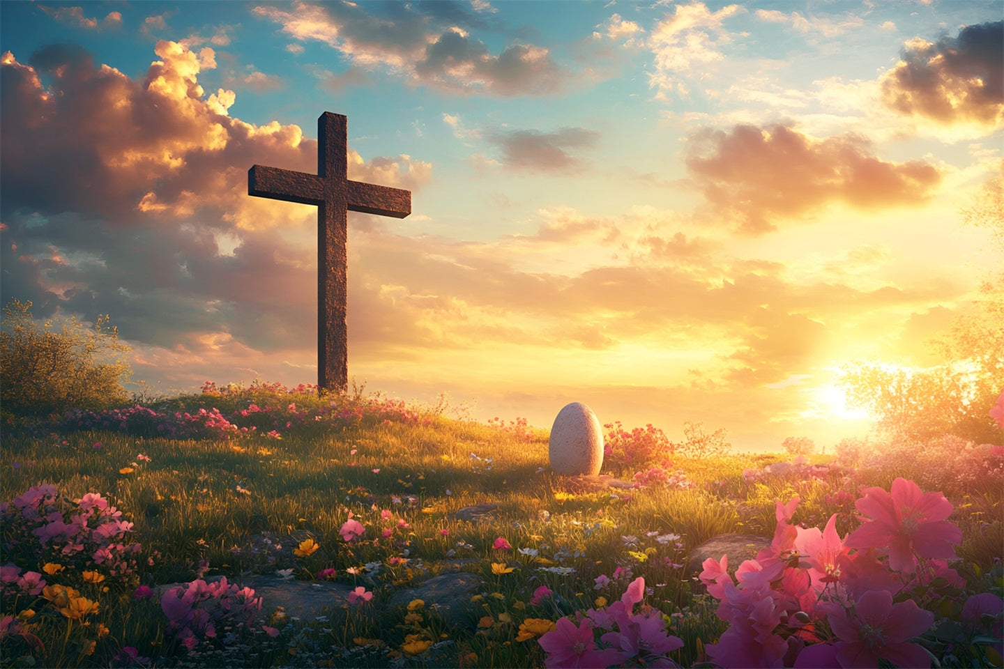 Christian Easter Backdrop He Is Risen Cross Meadow Easter Backdrop For Photography UK LXX61-142
