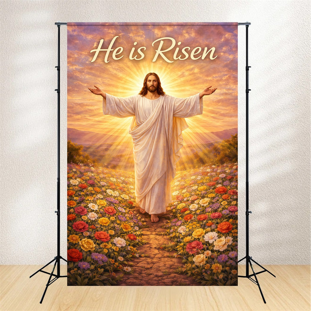 He Is Risen Backdrop Christ Holy Light Flowers Easter Backdrops For Photos UK LXX61-143
