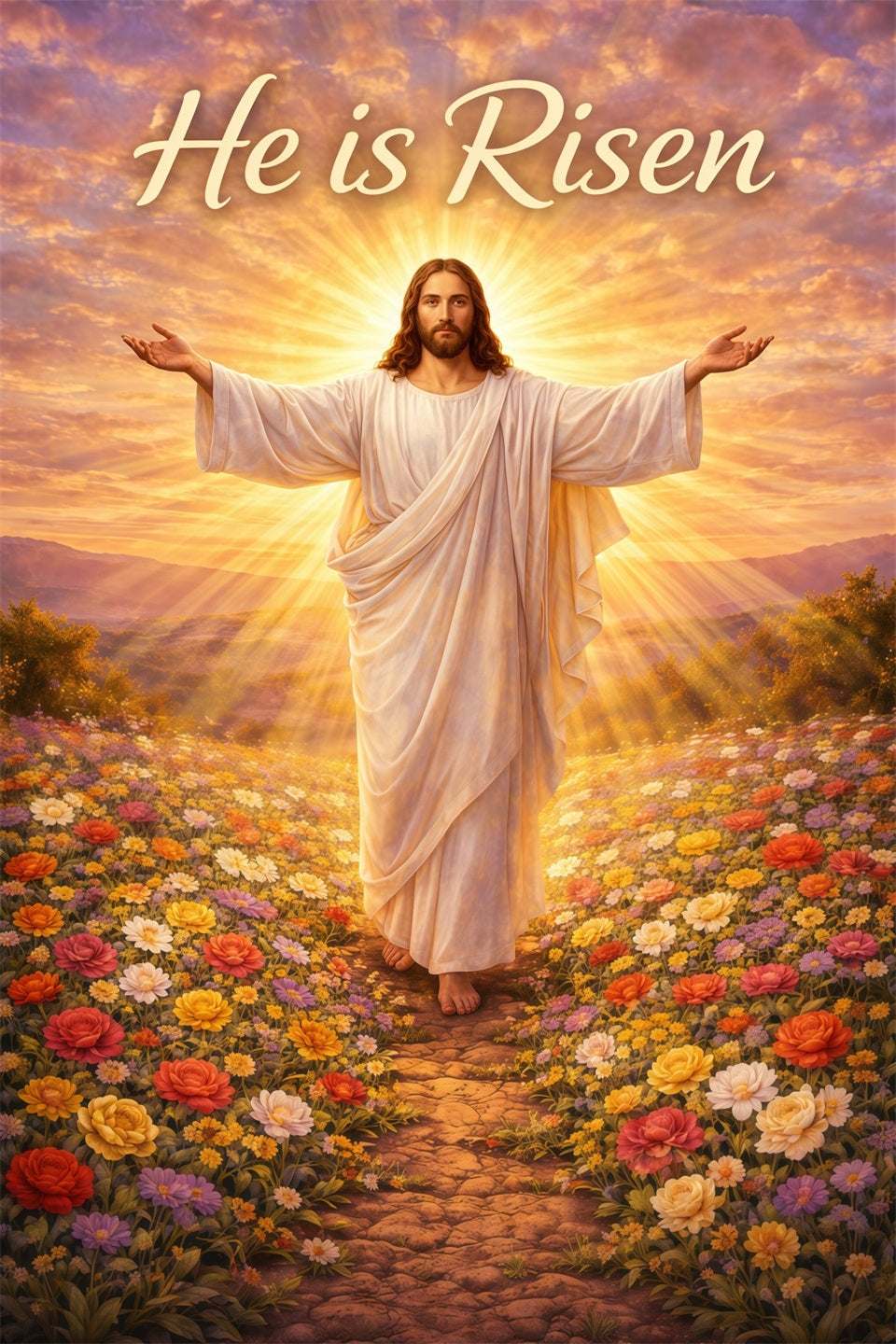 He Is Risen Backdrop Christ Holy Light Flowers Easter Backdrops For Photos UK LXX61-143