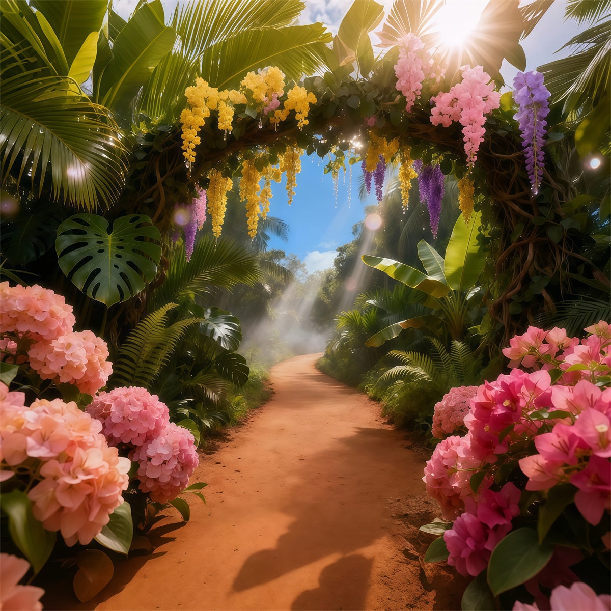 Garden Backdrop Sunlit Tropical Floral Path Spring Photo Backdrop UK LXX61-152
