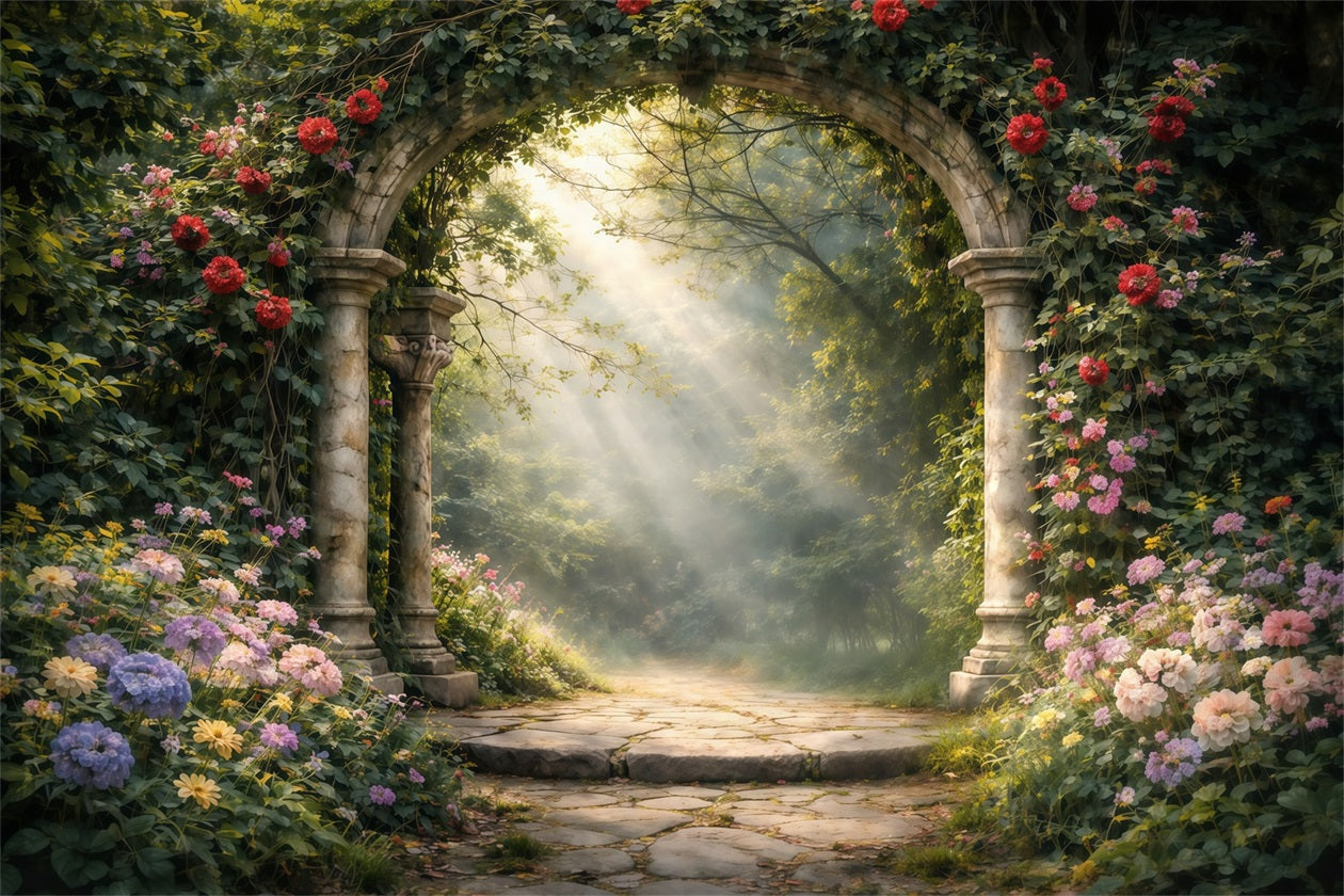 Enchanted Garden Backdrop Romantic Stone Arch Wildflowers Spring Backdrops UK LXX61-154