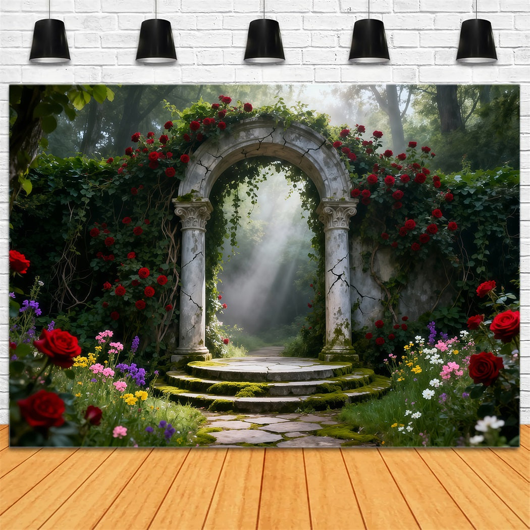 Enchanted Garden Backdrop Rose Garden Stone Arch Light Spring Backdrops UK LXX61-155