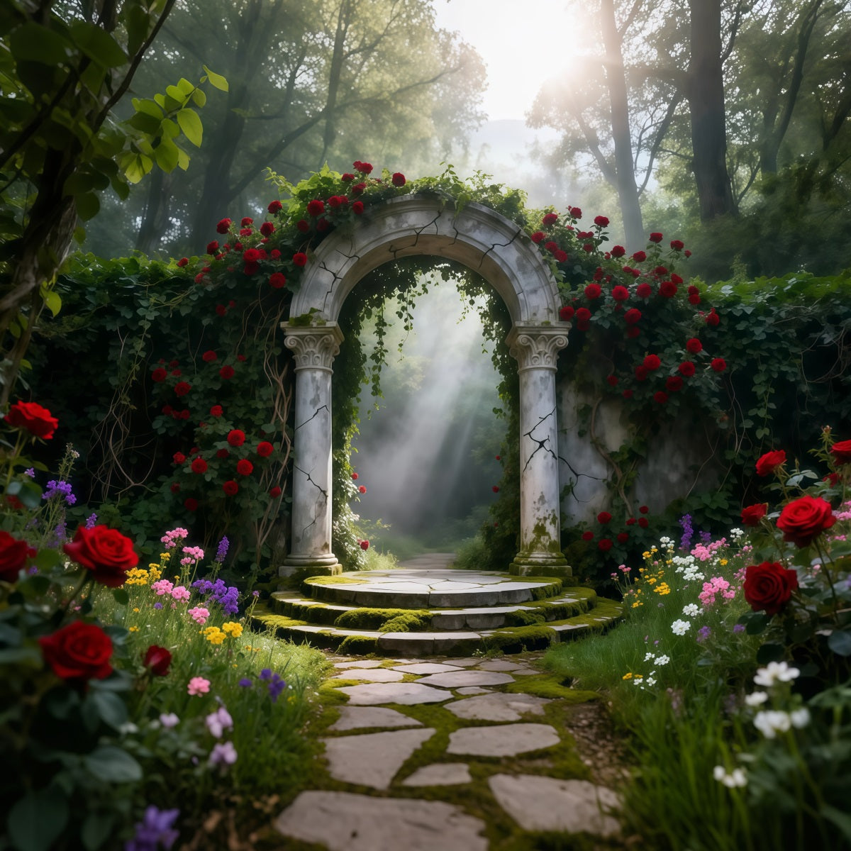 Enchanted Garden Backdrop Rose Garden Stone Arch Light Spring Backdrops UK LXX61-155